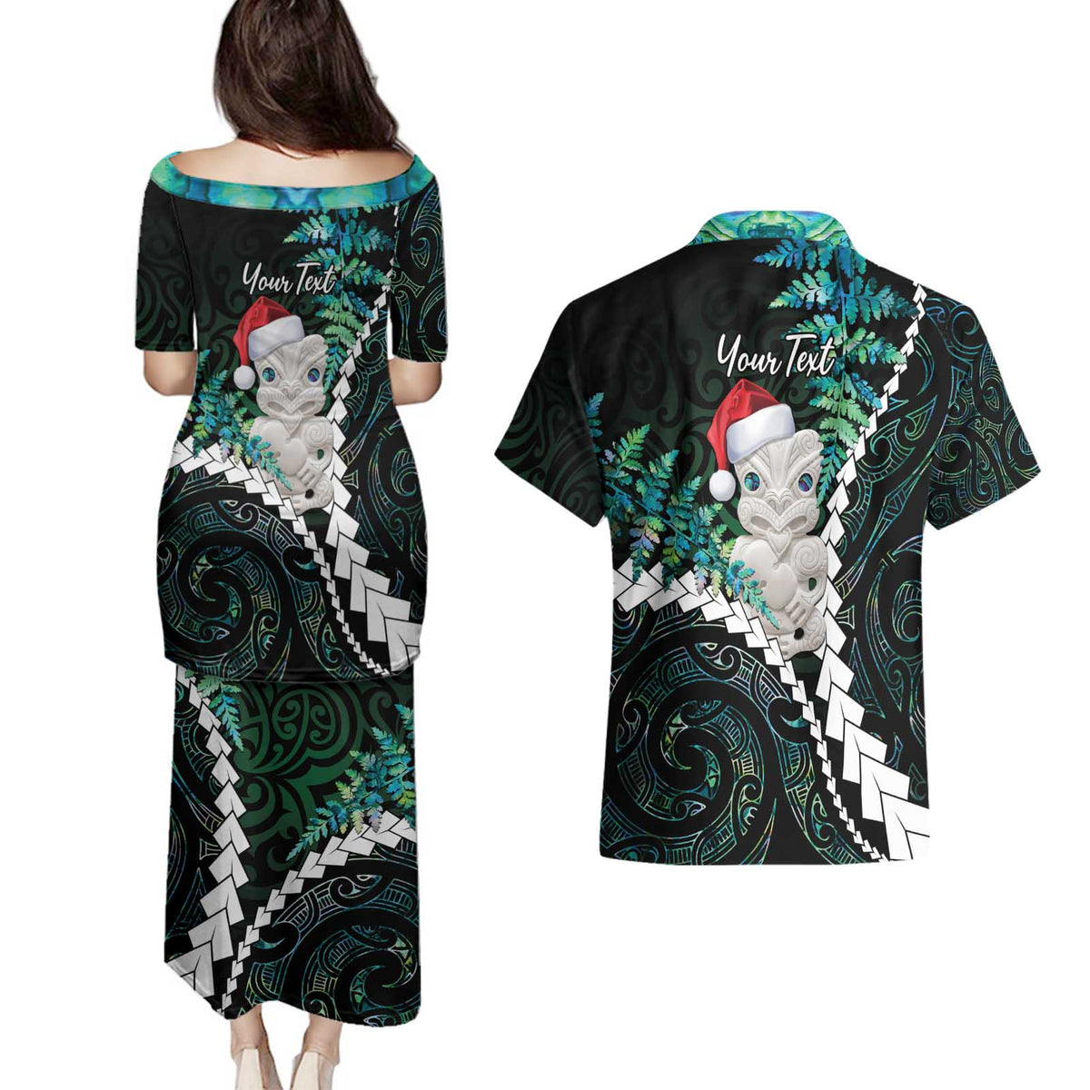 New Zealand Personalised Couples Matching Puletasi and Hawaiian Shirt Meri Kirihimete Kowhaiwhai Mix Paua Shell - Emerald