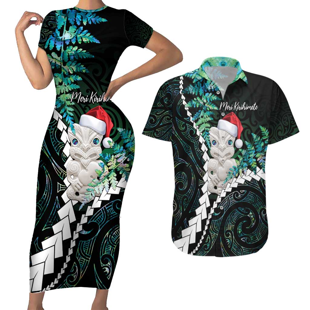 New Zealand Personalised Couples Matching Short Sleeve Bodycon Dress and Hawaiian Shirt Meri Kirihimete Kowhaiwhai Mix Paua Shell - Emerald