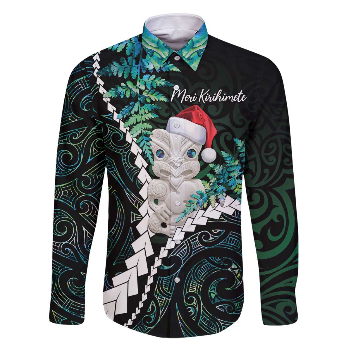 New Zealand Personalised Family Matching Off The Shoulder Long Sleeve Dress and Hawaiian Shirt Meri Kirihimete Kowhaiwhai Mix Paua Shell - Emerald