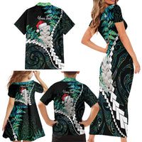 New Zealand Personalised Family Matching Short Sleeve Bodycon Dress and Hawaiian Shirt Meri Kirihimete Kowhaiwhai Mix Paua Shell - Emerald