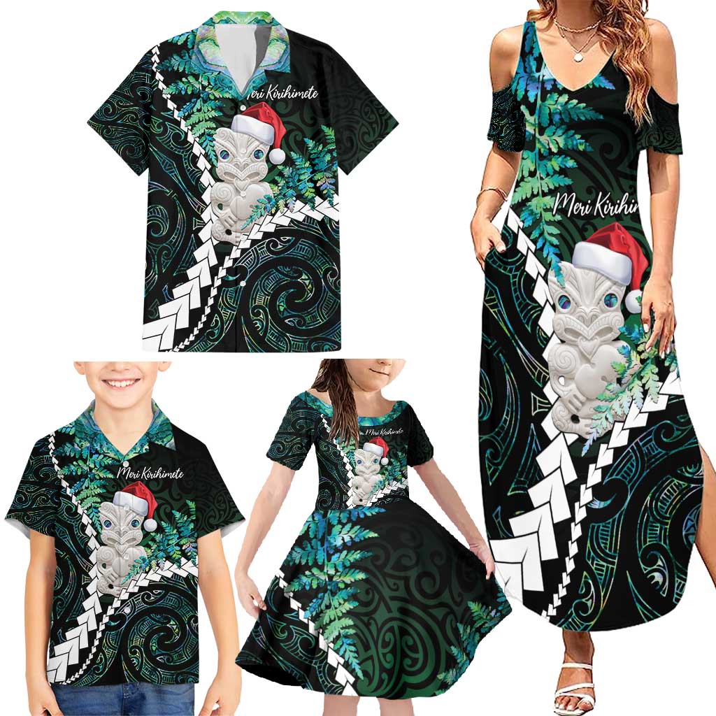 New Zealand Personalised Family Matching Summer Maxi Dress and Hawaiian Shirt Meri Kirihimete Kowhaiwhai Mix Paua Shell - Emerald