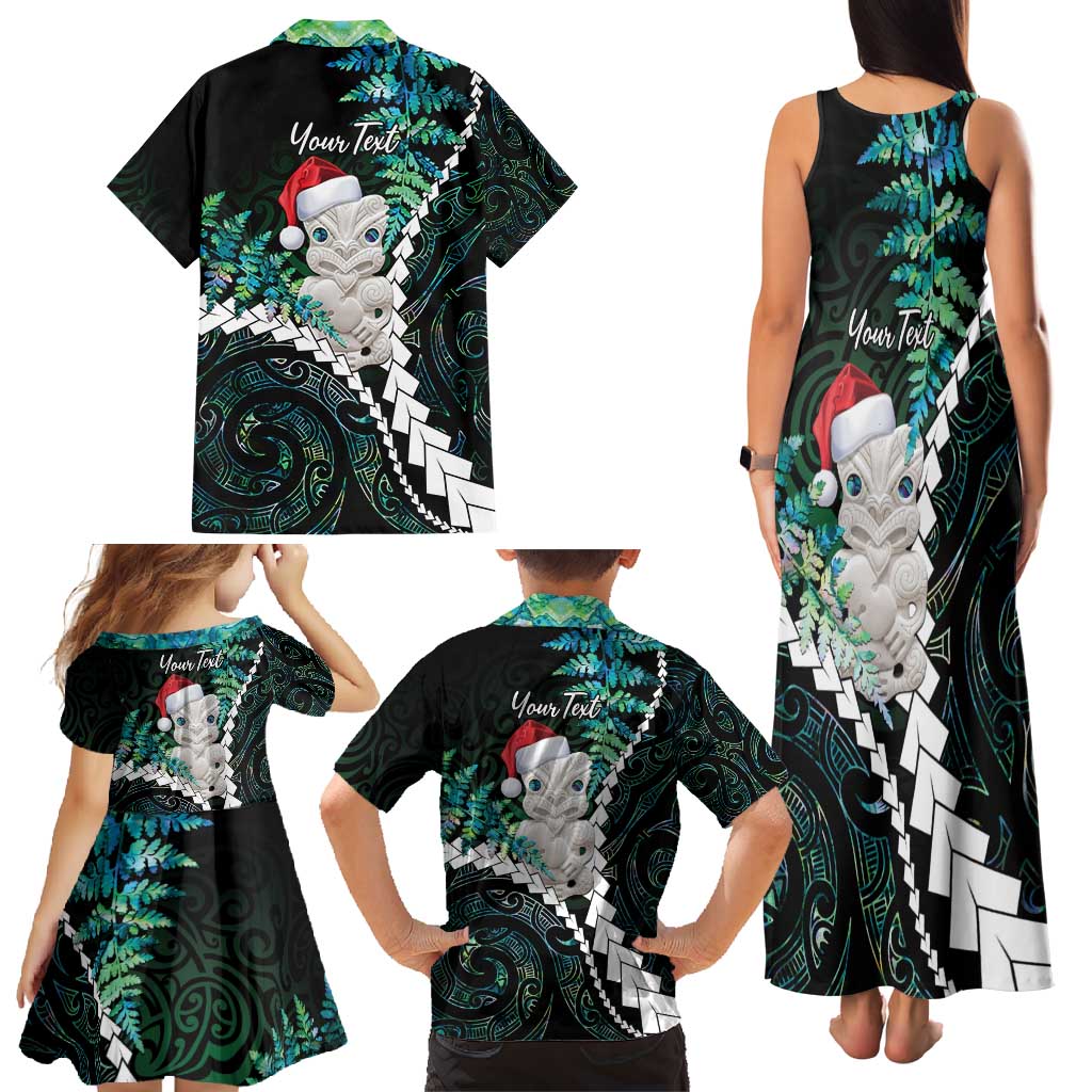New Zealand Personalised Family Matching Tank Maxi Dress and Hawaiian Shirt Meri Kirihimete Kowhaiwhai Mix Paua Shell - Emerald