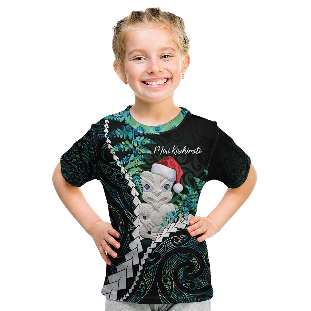 New Zealand Personalised Kid T Shirt Meri Kirihimete Kowhaiwhai Mix Paua Shell - Emerald