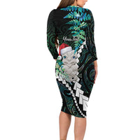 New Zealand Personalised Long Sleeve Bodycon Dress Meri Kirihimete Kowhaiwhai Mix Paua Shell - Emerald