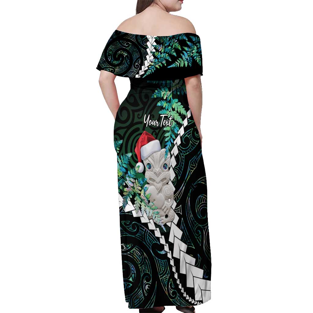 New Zealand Personalised Off Shoulder Maxi Dress Meri Kirihimete Kowhaiwhai Mix Paua Shell - Emerald