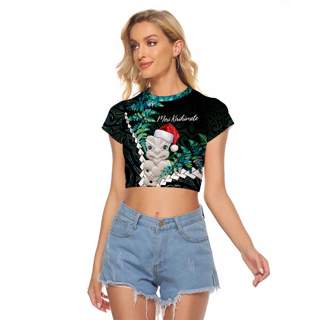 New Zealand Personalised Raglan Cropped T Shirt Meri Kirihimete Kowhaiwhai Mix Paua Shell - Emerald LT7 Female Green - Polynesian Pride