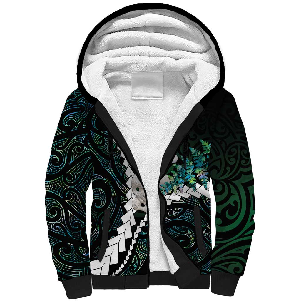 New Zealand Personalised Sherpa Hoodie Meri Kirihimete Kowhaiwhai Mix Paua Shell - Emerald