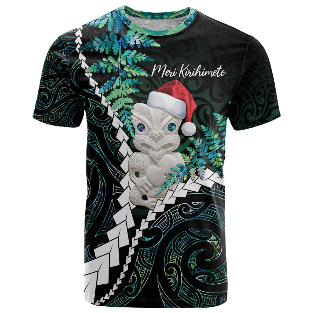 New Zealand Personalised T Shirt Meri Kirihimete Kowhaiwhai Mix Paua Shell - Emerald LT7 Green - Polynesian Pride