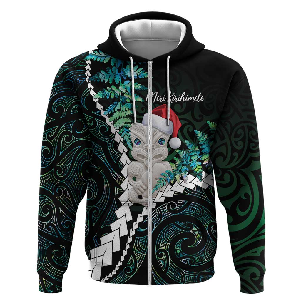 New Zealand Personalised Zip Hoodie Meri Kirihimete Kowhaiwhai Mix Paua Shell - Emerald