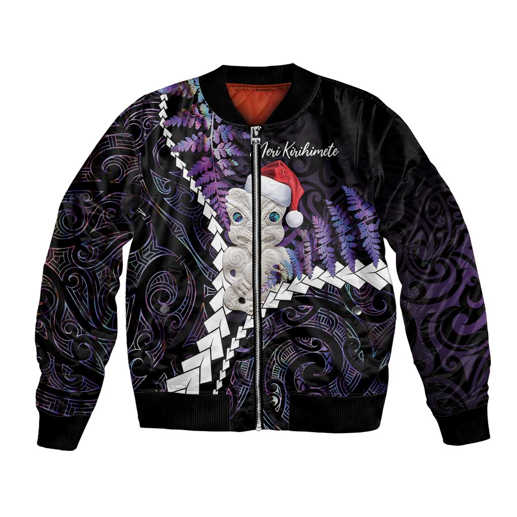 New Zealand Personalised Bomber Jacket Meri Kirihimete Kowhaiwhai Mix Paua Shell - Amethys