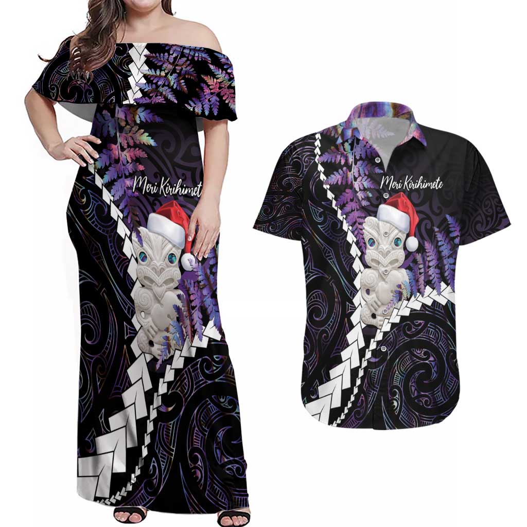 New Zealand Personalised Couples Matching Off Shoulder Maxi Dress and Hawaiian Shirt Meri Kirihimete Kowhaiwhai Mix Paua Shell - Amethys