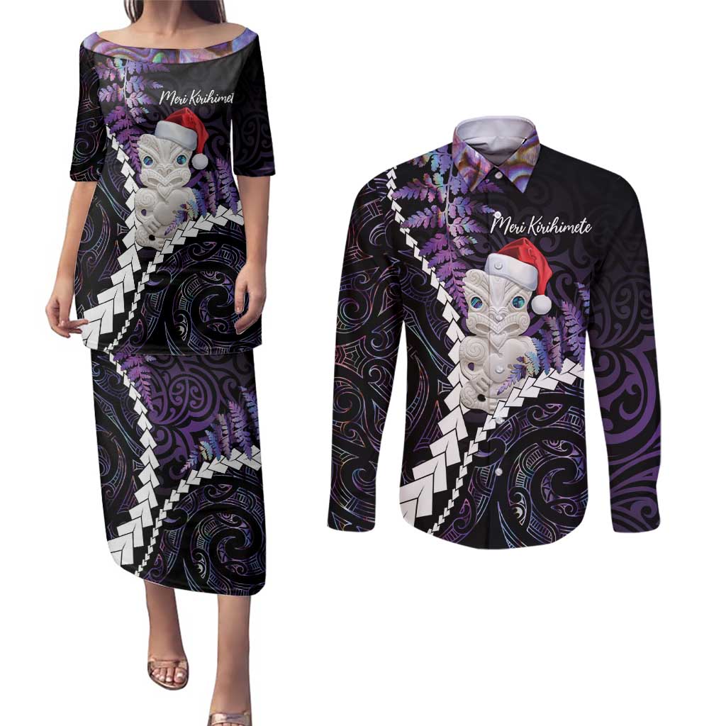 New Zealand Personalised Couples Matching Puletasi and Long Sleeve Button Shirt Meri Kirihimete Kowhaiwhai Mix Paua Shell - Amethys