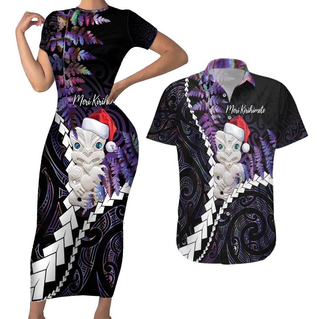 New Zealand Personalised Couples Matching Short Sleeve Bodycon Dress and Hawaiian Shirt Meri Kirihimete Kowhaiwhai Mix Paua Shell - Amethys LT7 Purple - Polynesian Pride