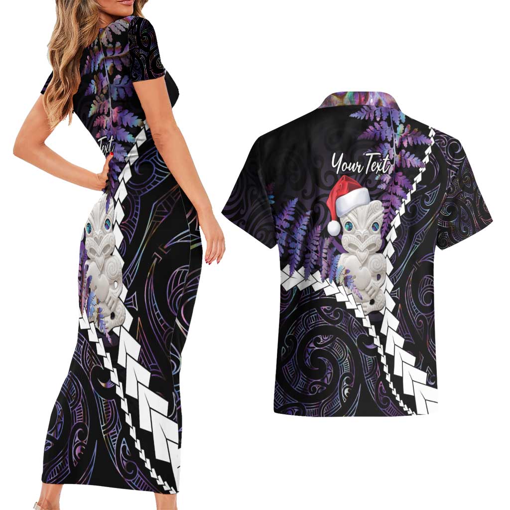 New Zealand Personalised Couples Matching Short Sleeve Bodycon Dress and Hawaiian Shirt Meri Kirihimete Kowhaiwhai Mix Paua Shell - Amethys
