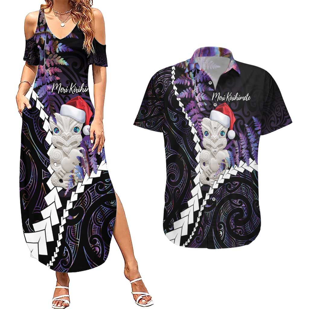 New Zealand Personalised Couples Matching Summer Maxi Dress and Hawaiian Shirt Meri Kirihimete Kowhaiwhai Mix Paua Shell - Amethys LT7 Purple - Polynesian Pride