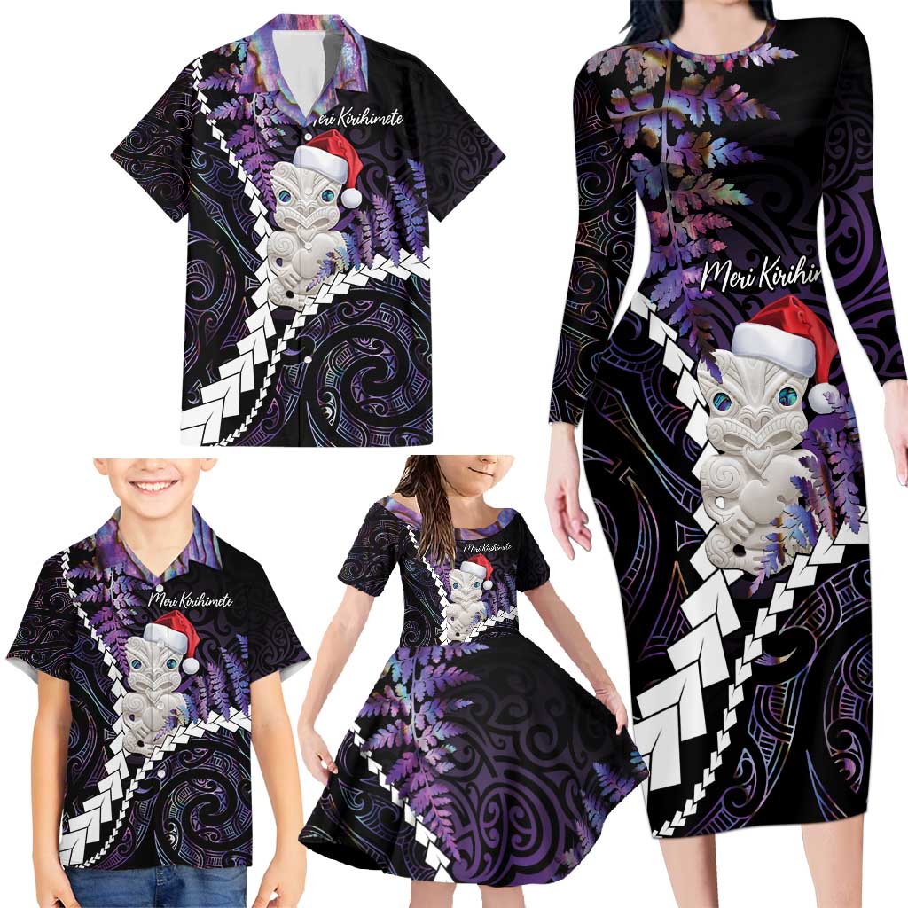 New Zealand Personalised Family Matching Long Sleeve Bodycon Dress and Hawaiian Shirt Meri Kirihimete Kowhaiwhai Mix Paua Shell - Amethys