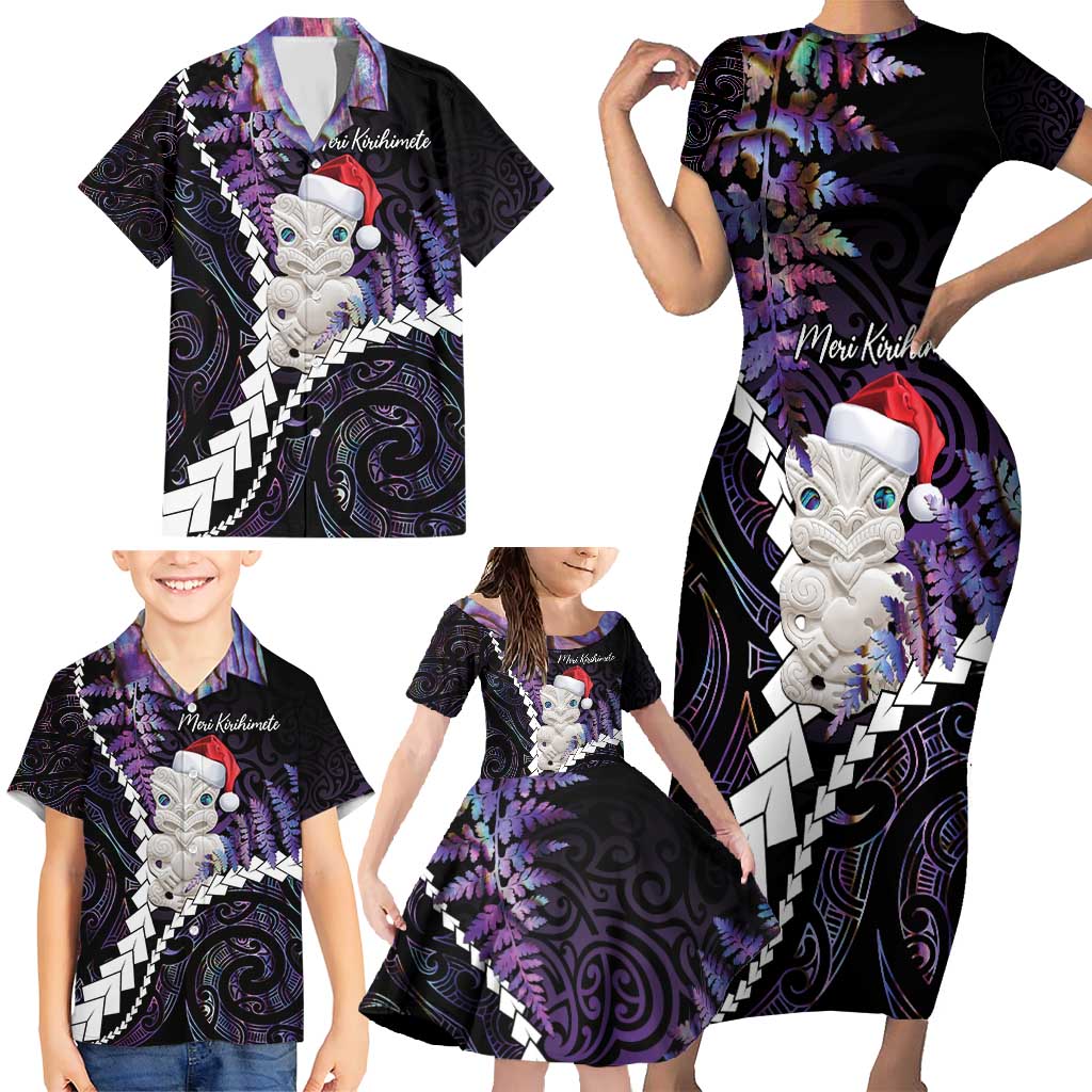 New Zealand Personalised Family Matching Short Sleeve Bodycon Dress and Hawaiian Shirt Meri Kirihimete Kowhaiwhai Mix Paua Shell - Amethys