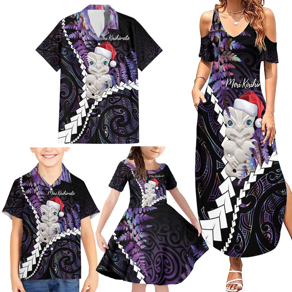 New Zealand Personalised Family Matching Summer Maxi Dress and Hawaiian Shirt Meri Kirihimete Kowhaiwhai Mix Paua Shell - Amethys