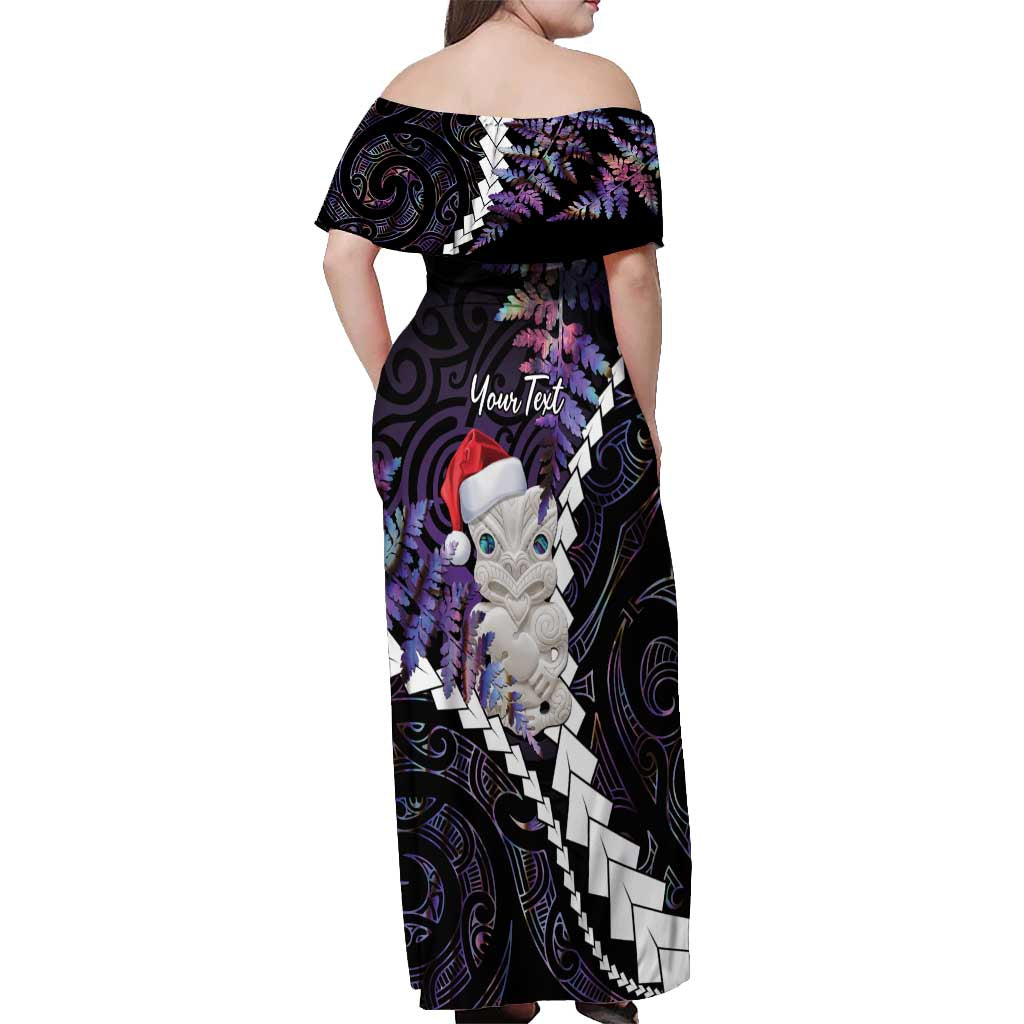 New Zealand Personalised Off Shoulder Maxi Dress Meri Kirihimete Kowhaiwhai Mix Paua Shell - Amethys