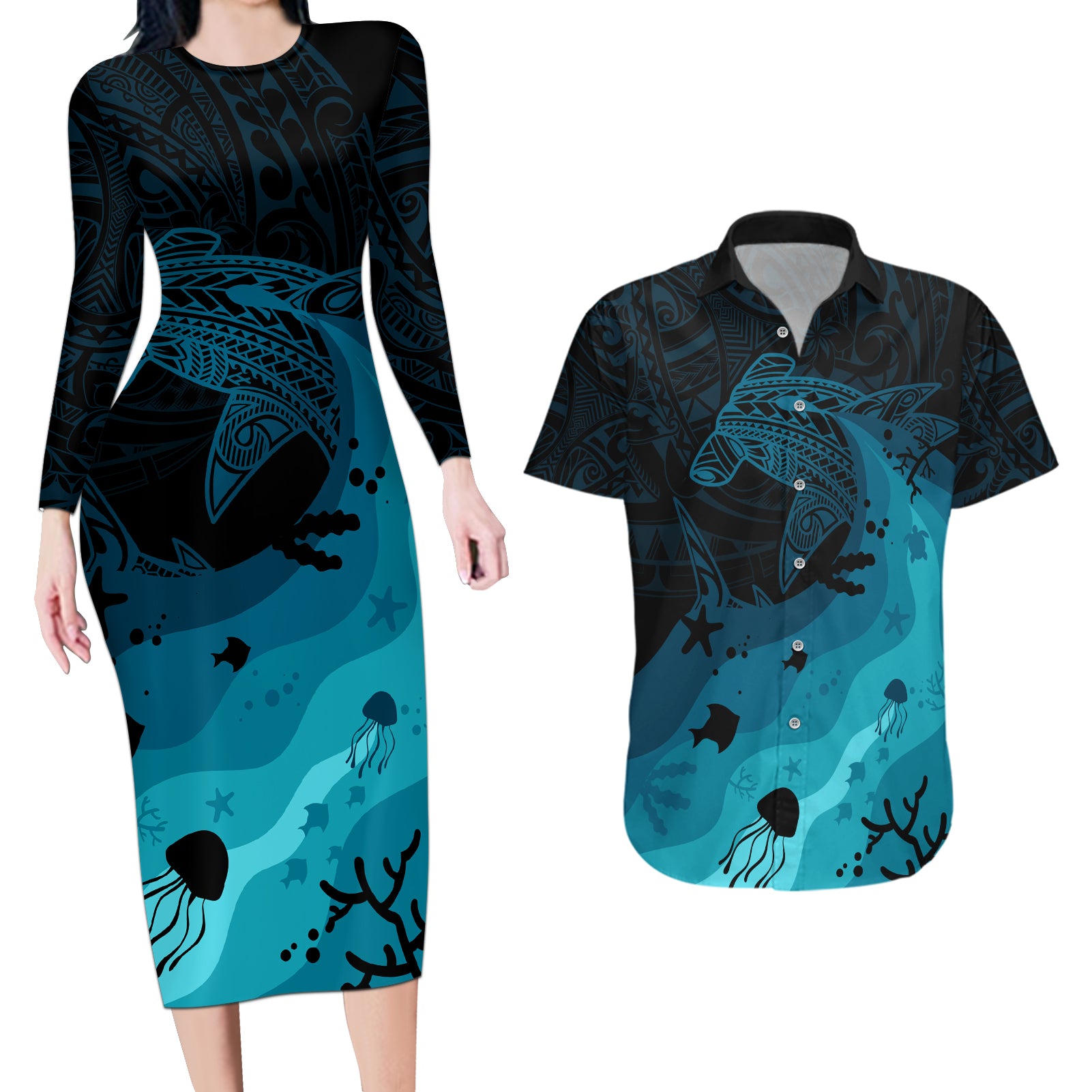 Polynesian Shark Couples Matching Long Sleeve Bodycon Dress and Hawaiian Shirt Under The Waves LT7 Dark Blue - Polynesian Pride