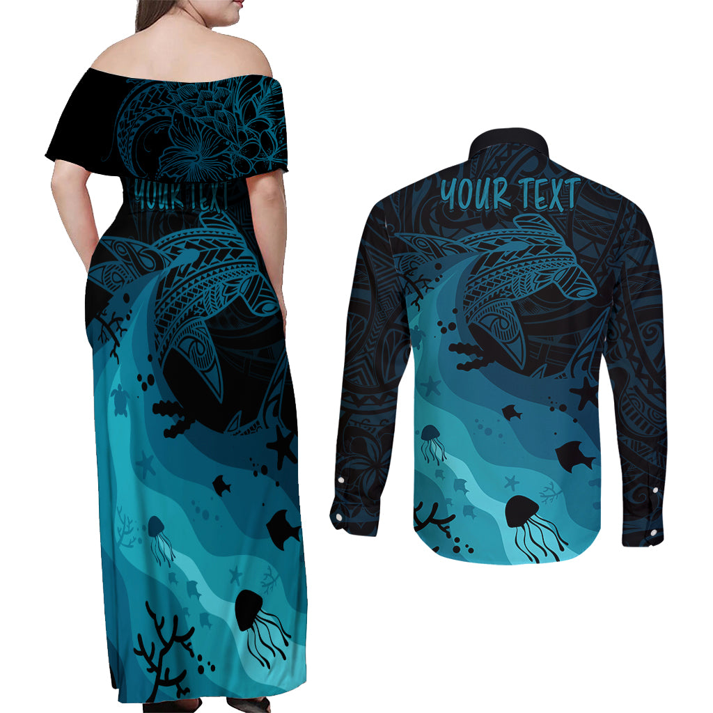 Polynesian Shark Couples Matching Off Shoulder Maxi Dress and Long Sleeve Button Shirt Under The Waves LT7 - Polynesian Pride