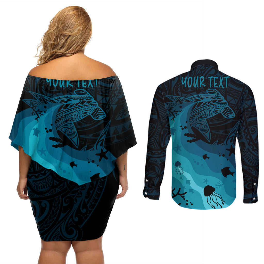 Polynesian Shark Couples Matching Off Shoulder Short Dress and Long Sleeve Button Shirt Under The Waves LT7 - Polynesian Pride
