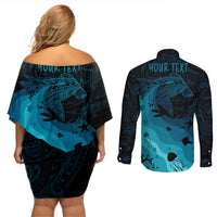 Polynesian Shark Couples Matching Off Shoulder Short Dress and Long Sleeve Button Shirt Under The Waves LT7 - Polynesian Pride