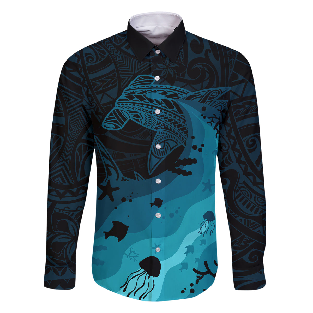 Polynesian Shark Family Matching Mermaid Dress and Hawaiian Shirt Under The Waves LT7 Dad's Shirt - Long Sleeve Dark Blue - Polynesian Pride