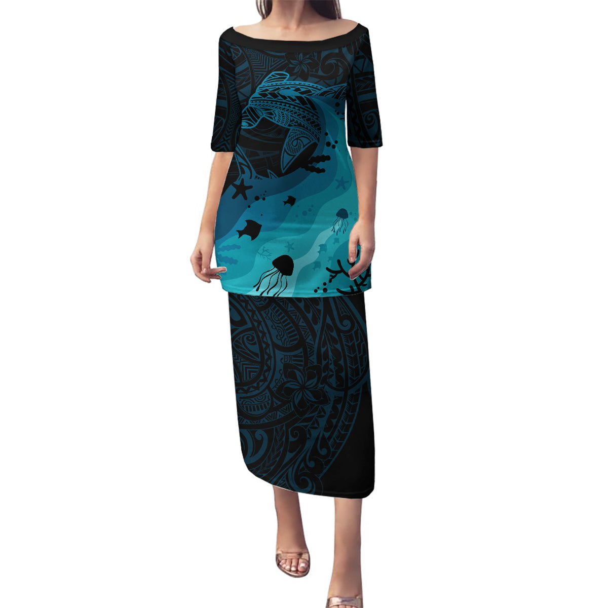 Polynesian Shark Family Matching Puletasi Dress and Hawaiian Shirt Under The Waves LT7 Mom's Dress Dark Blue - Polynesian Pride