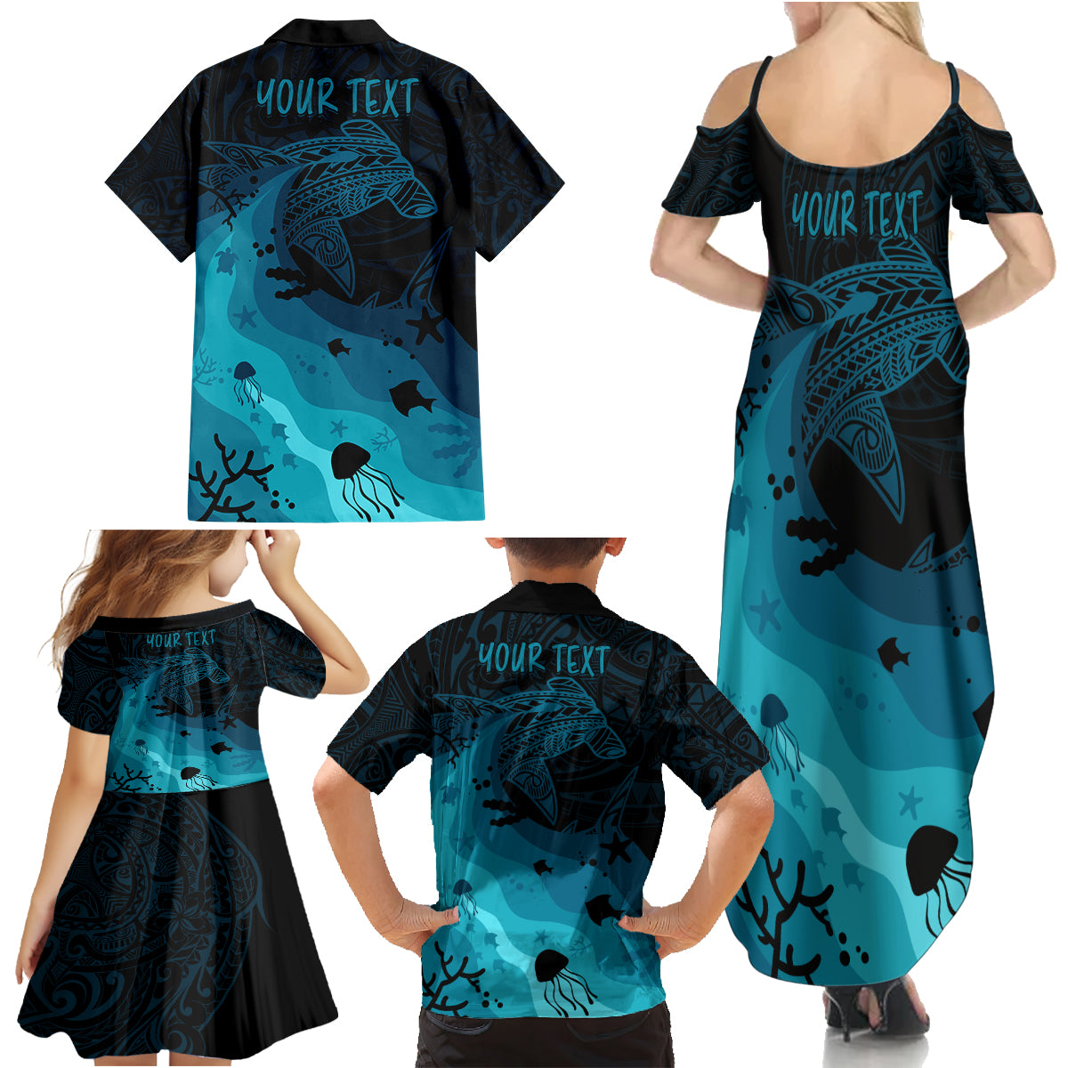 Polynesian Shark Family Matching Summer Maxi Dress and Hawaiian Shirt Under The Waves LT7 - Polynesian Pride