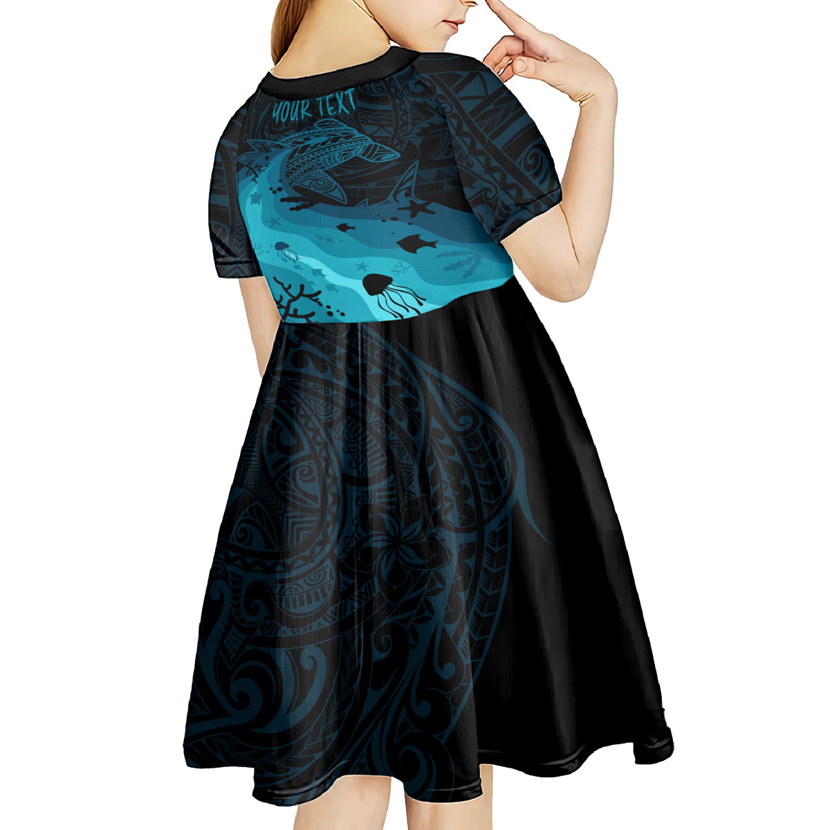Polynesian Shark Kid Short Sleeve Dress Under The Waves LT7 - Polynesian Pride