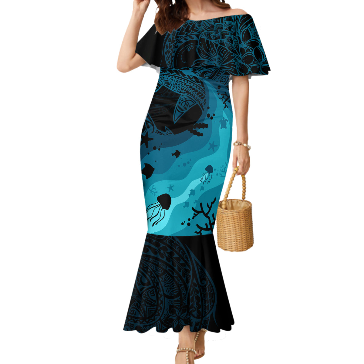 Polynesian Shark Mermaid Dress Under The Waves LT7 Women Dark Blue - Polynesian Pride