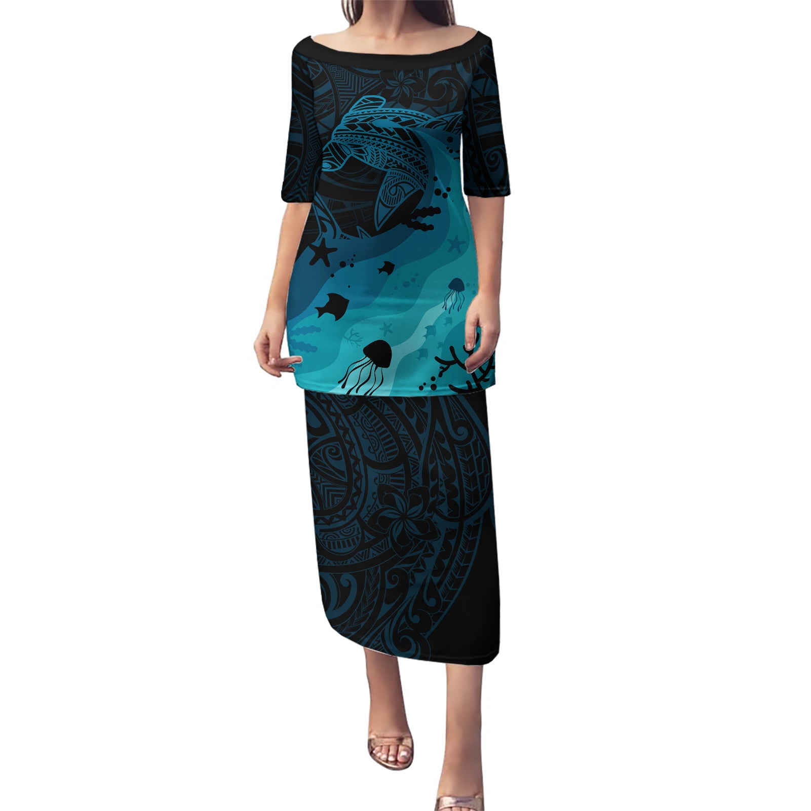 Polynesian Shark Puletasi Under The Waves LT7 Long Dress Dark Blue - Polynesian Pride