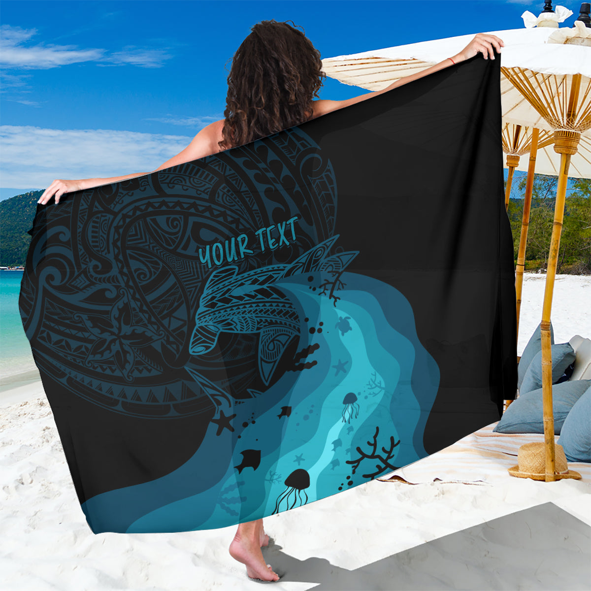 Polynesian Shark Sarong Under The Waves LT7 One Size 44 x 66 inches Dark Blue - Polynesian Pride