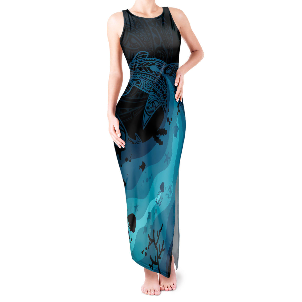 Polynesian Shark Tank Maxi Dress Under The Waves LT7 Women Dark Blue - Polynesian Pride