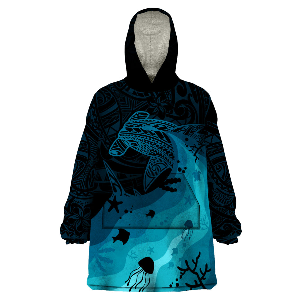 Polynesian Shark Wearable Blanket Hoodie Under The Waves LT7 One Size Dark Blue - Polynesian Pride