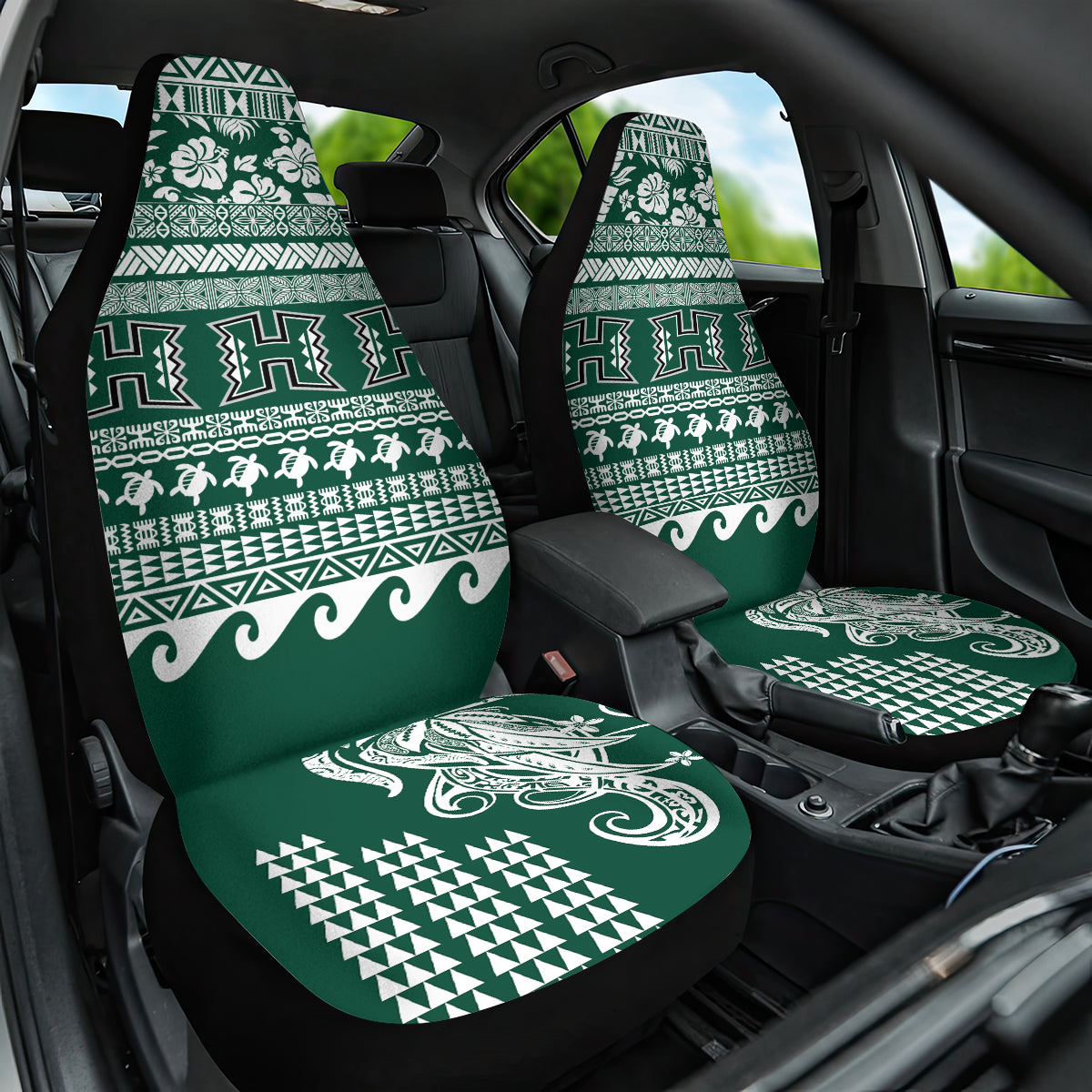 Hawaii Rainbow Warriors Christmas Car Seat Cover Kakau Motifs LT7 One Size Green - Polynesian Pride