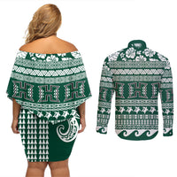 Hawaii Rainbow Warriors Christmas Couples Matching Off Shoulder Short Dress and Long Sleeve Button Shirt Kakau Motifs LT7 - Polynesian Pride