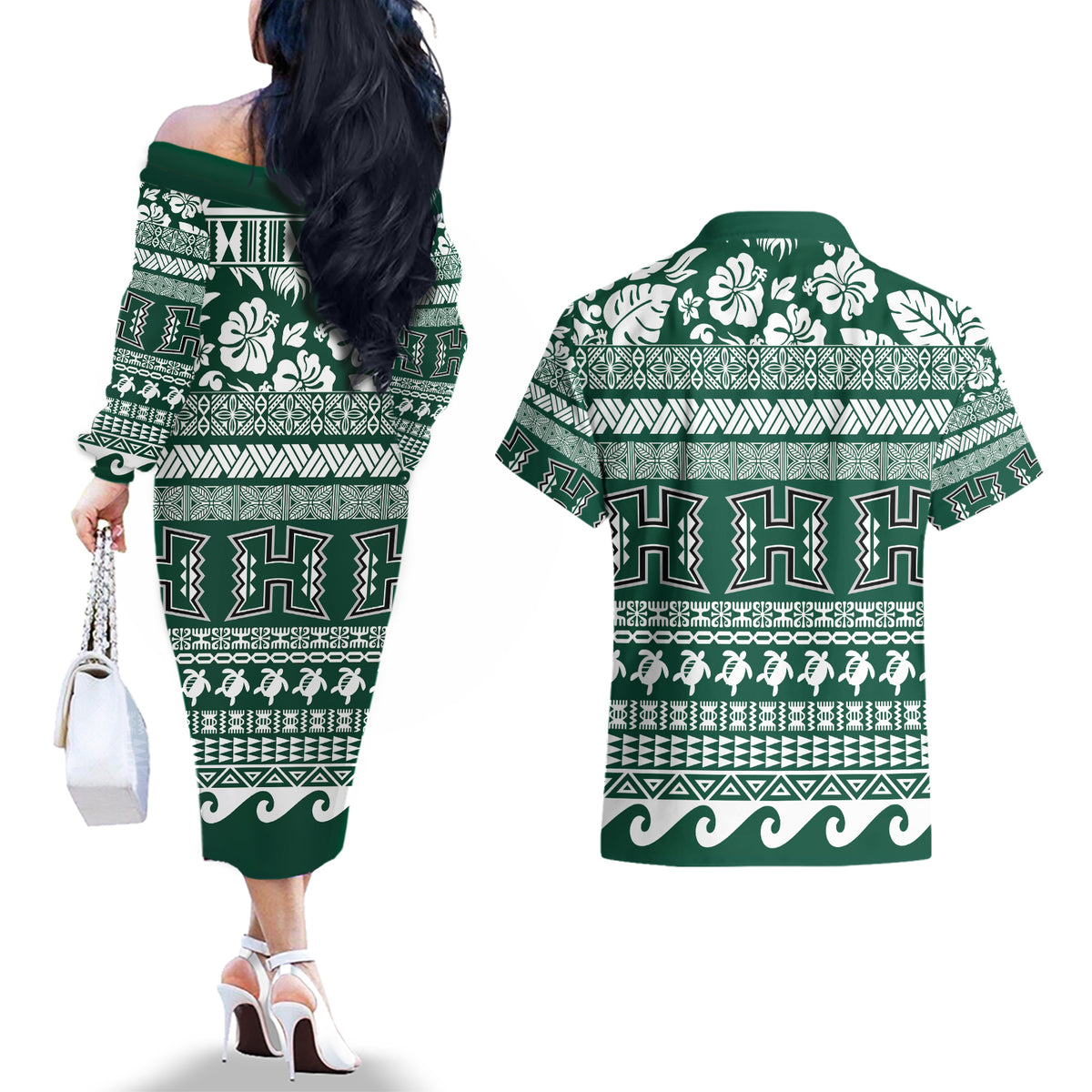 Hawaii Rainbow Warriors Christmas Couples Matching Off The Shoulder Long Sleeve Dress and Hawaiian Shirt Kakau Motifs LT7 - Polynesian Pride