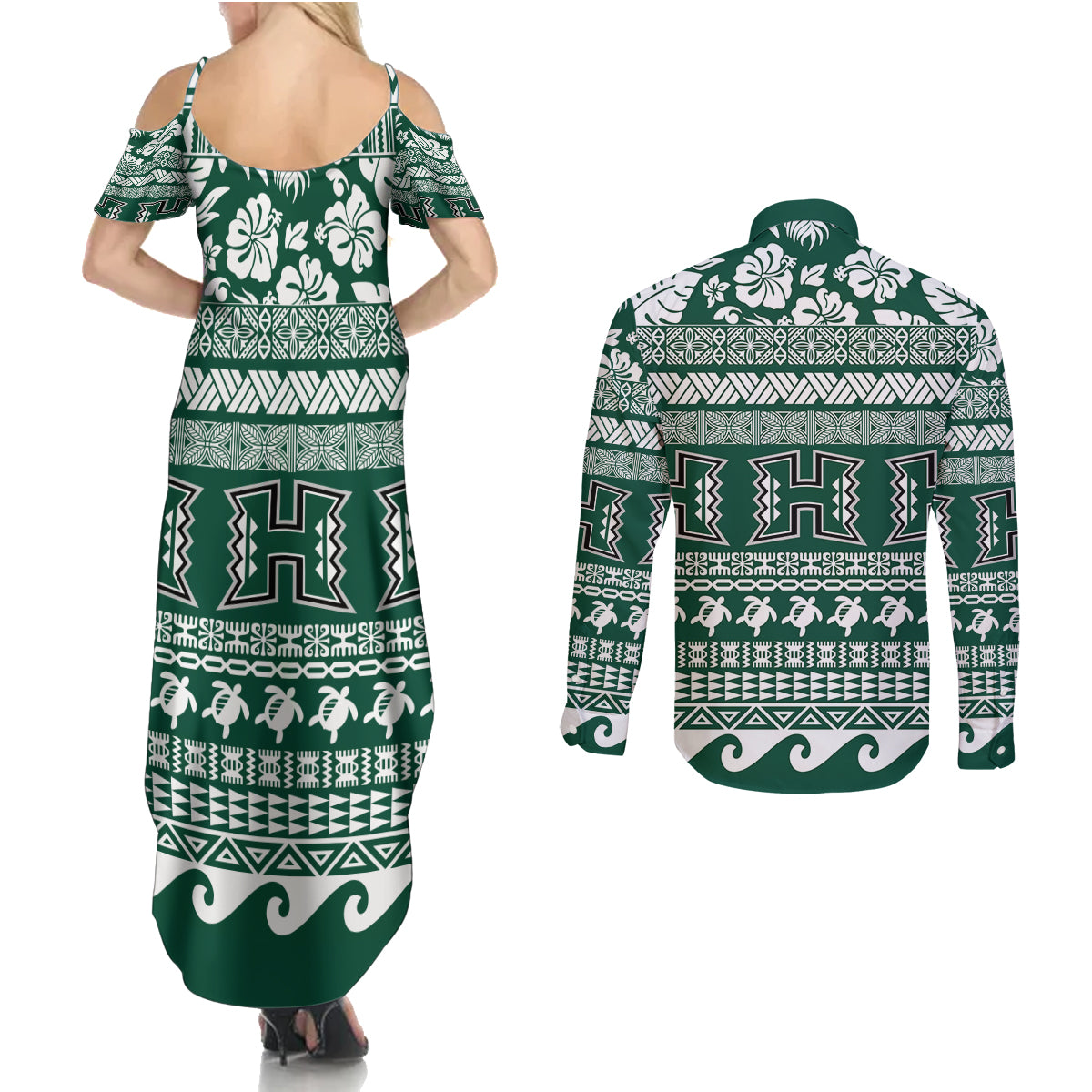 Hawaii Rainbow Warriors Christmas Couples Matching Summer Maxi Dress and Long Sleeve Button Shirt Kakau Motifs LT7 - Polynesian Pride