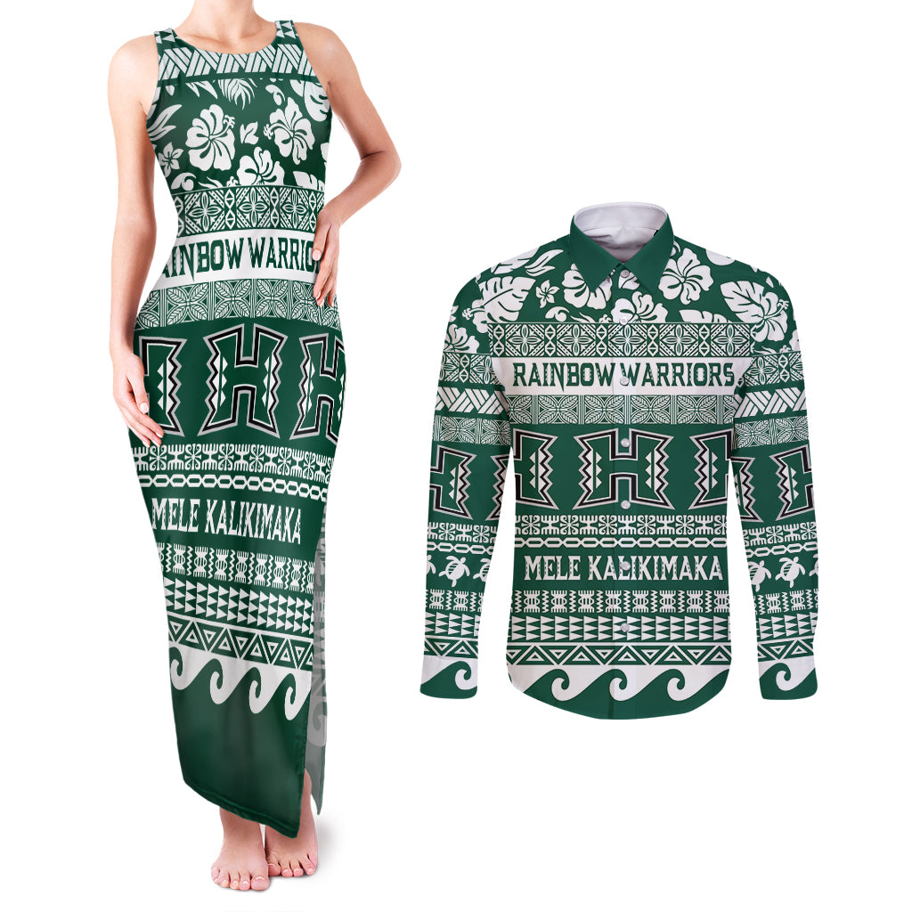 Hawaii Rainbow Warriors Christmas Couples Matching Tank Maxi Dress and Long Sleeve Button Shirt Kakau Motifs LT7 Green - Polynesian Pride