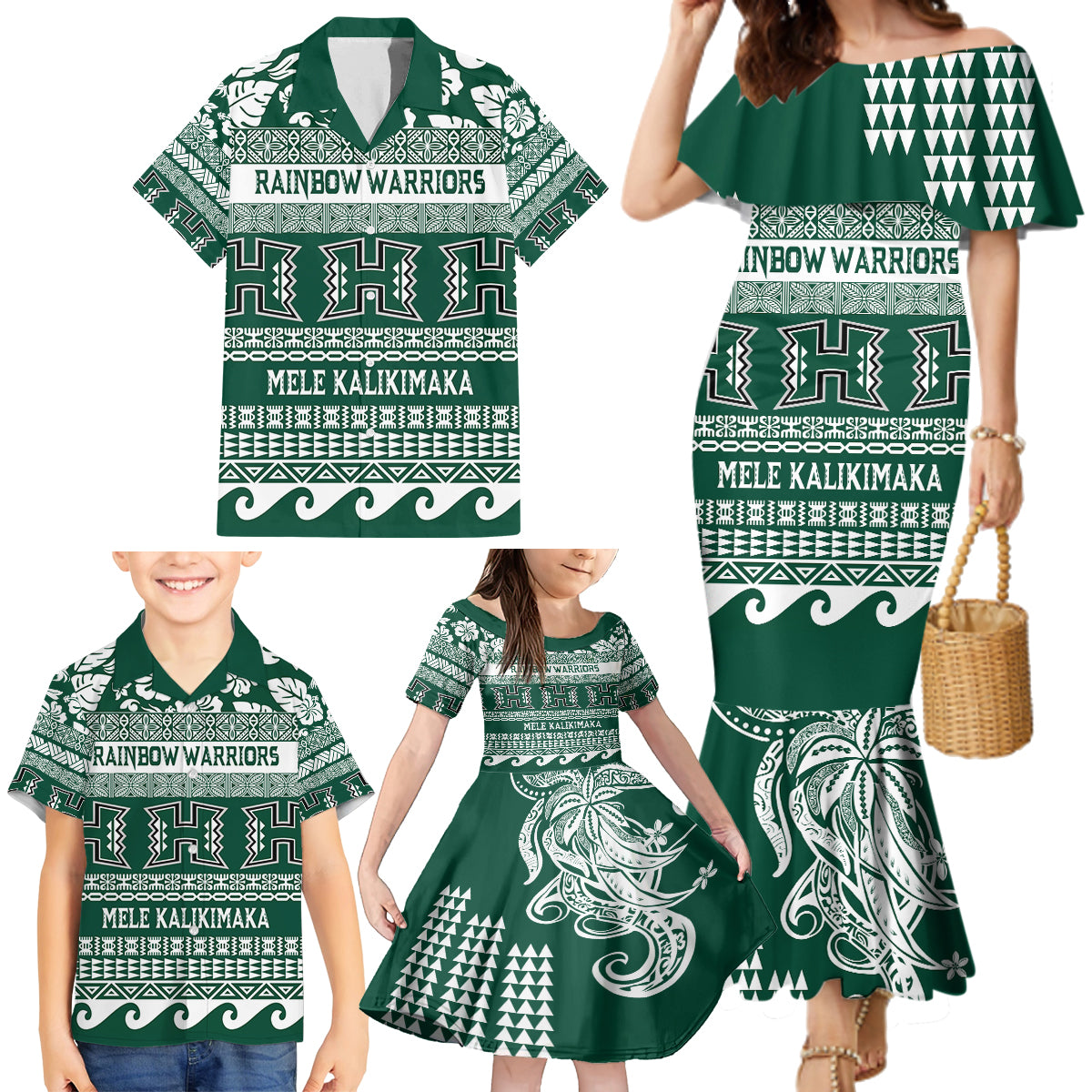 Hawaii Rainbow Warriors Christmas Family Matching Mermaid Dress and Hawaiian Shirt Kakau Motifs LT7 - Polynesian Pride