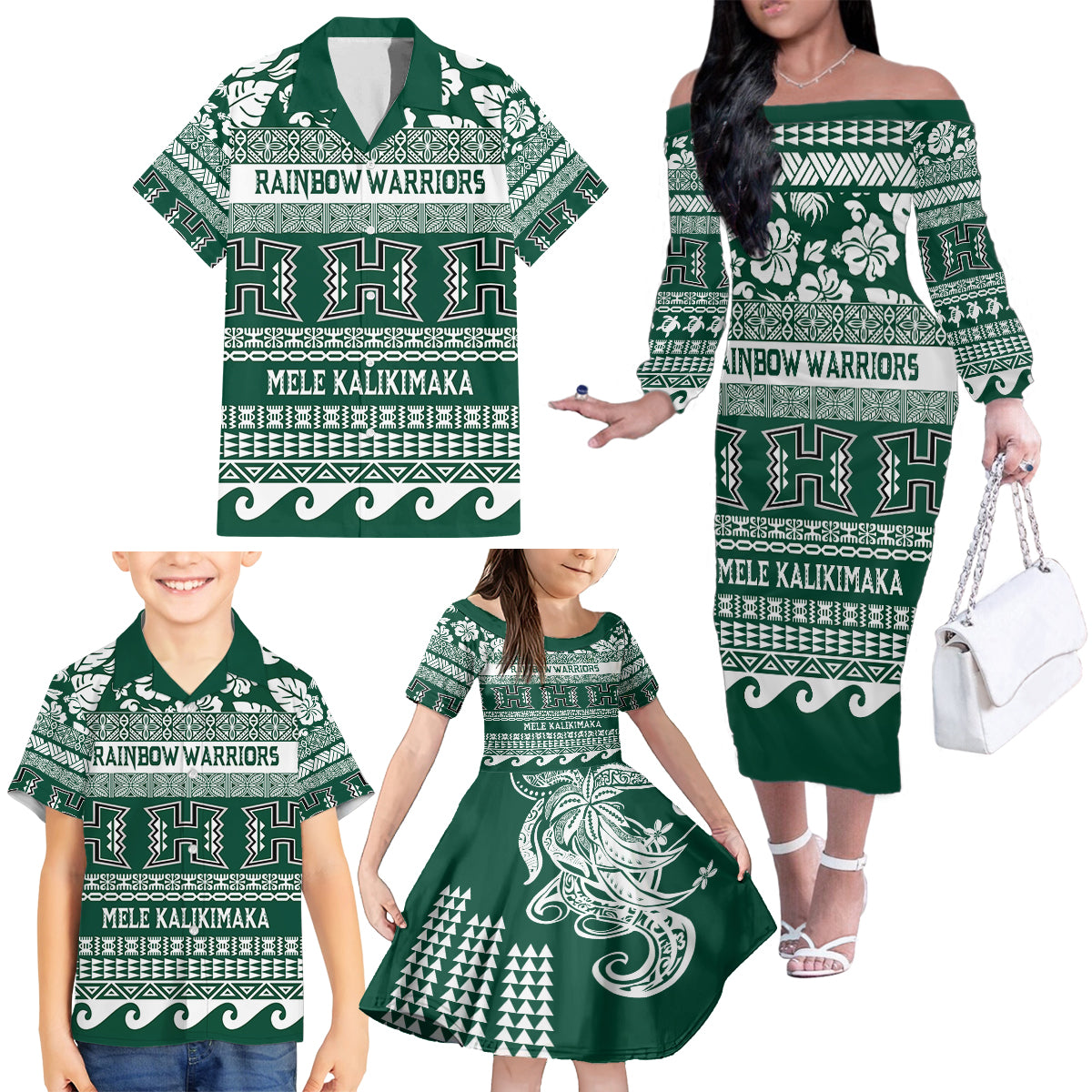 Hawaii Rainbow Warriors Christmas Family Matching Off Shoulder Long Sleeve Dress and Hawaiian Shirt Kakau Motifs LT7 - Polynesian Pride