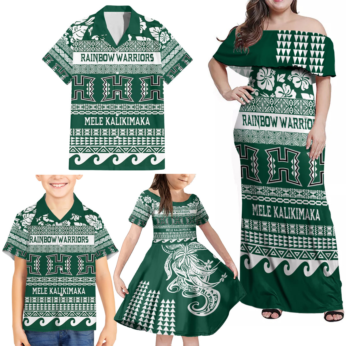 Hawaii Rainbow Warriors Christmas Family Matching Off Shoulder Maxi Dress and Hawaiian Shirt Kakau Motifs LT7 - Polynesian Pride