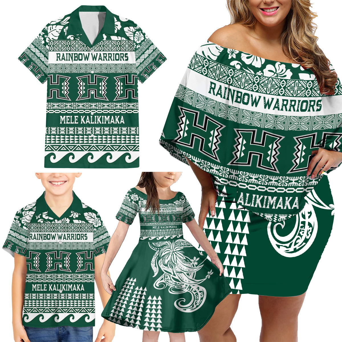 Hawaii Rainbow Warriors Christmas Family Matching Off Shoulder Short Dress and Hawaiian Shirt Kakau Motifs LT7 - Polynesian Pride