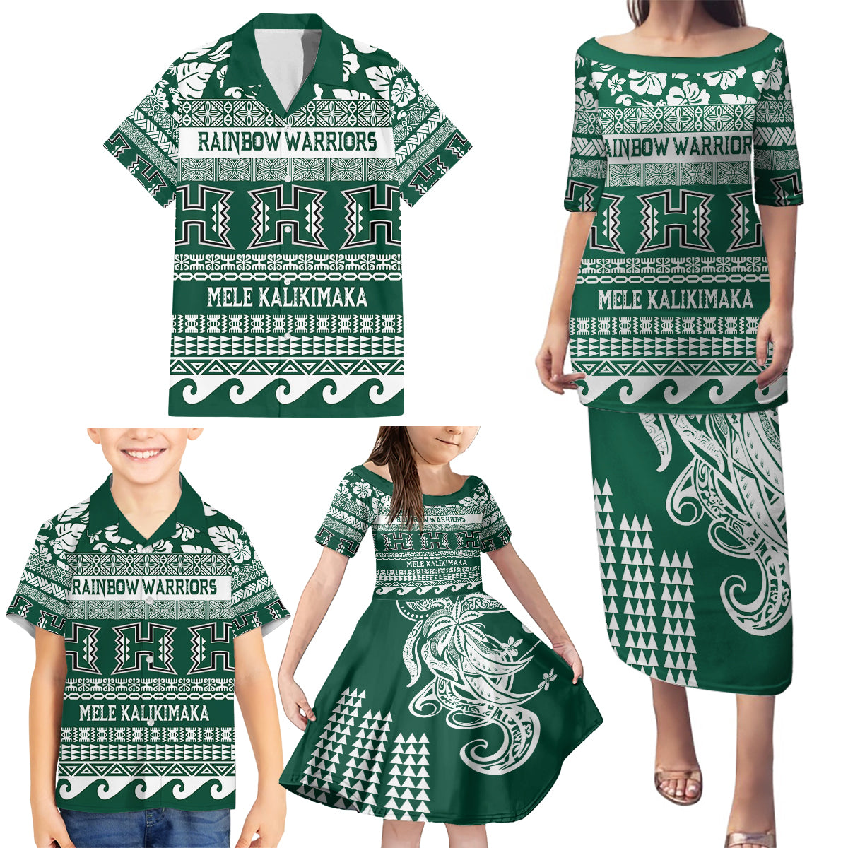 Hawaii Rainbow Warriors Christmas Family Matching Puletasi Dress and Hawaiian Shirt Kakau Motifs LT7 - Polynesian Pride