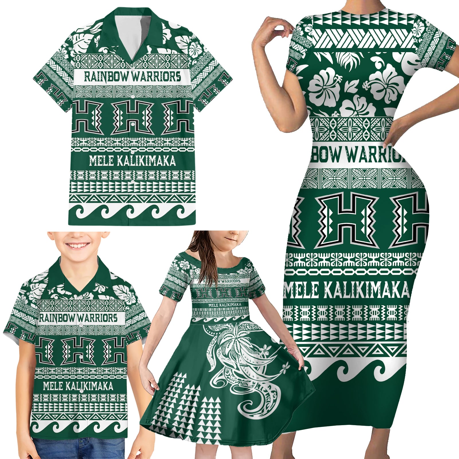 Hawaii Rainbow Warriors Christmas Family Matching Short Sleeve Bodycon Dress and Hawaiian Shirt Kakau Motifs LT7 - Polynesian Pride