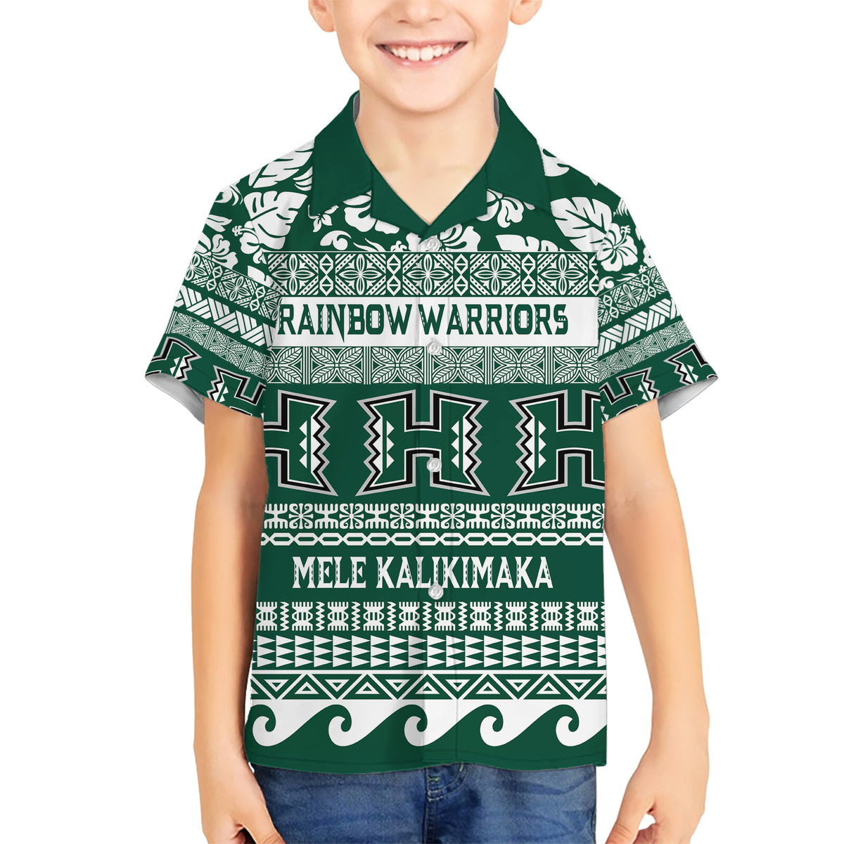 Hawaii Rainbow Warriors Christmas Family Matching Short Sleeve Bodycon Dress and Hawaiian Shirt Kakau Motifs LT7 Son's Shirt Green - Polynesian Pride