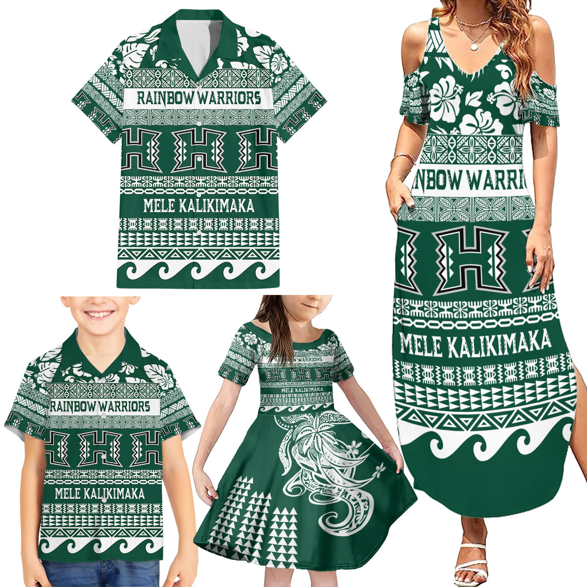 Hawaii Rainbow Warriors Christmas Family Matching Summer Maxi Dress and Hawaiian Shirt Kakau Motifs LT7 - Polynesian Pride