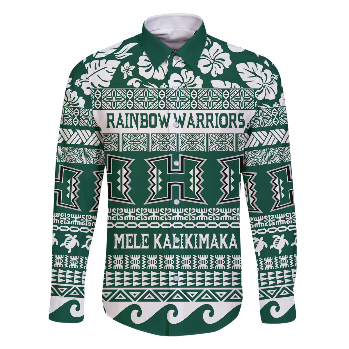 Hawaii Rainbow Warriors Christmas Family Matching Tank Maxi Dress and Hawaiian Shirt Kakau Motifs LT7 Dad's Shirt - Long Sleeve Green - Polynesian Pride